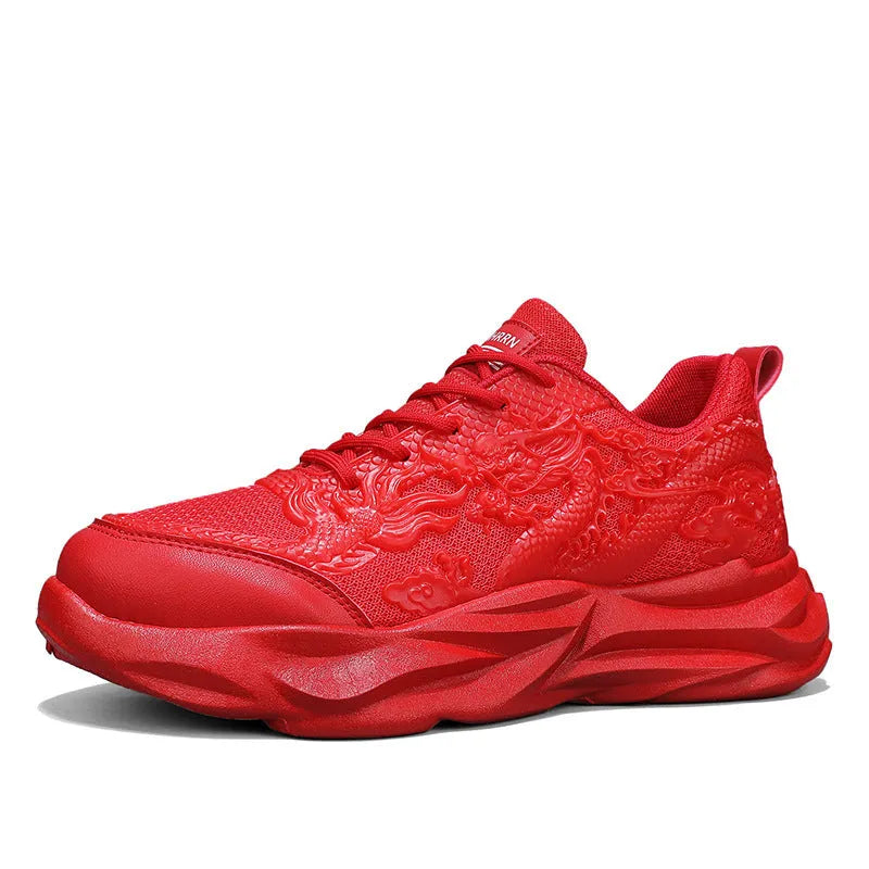 Men's casual fly knit sneakers with dragon design and rubber sole in multiple colour options