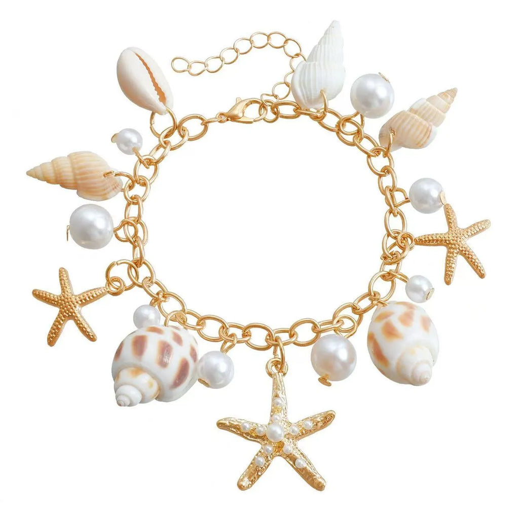 Women's beach shell star design waist chain and matching bracelet set in alloy material