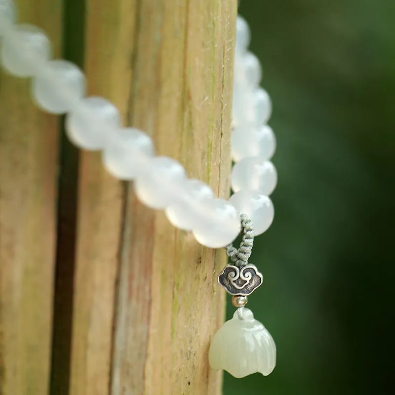 S925 sterling silver bracelet with white agate and Hetian jade beads, geometric national style design