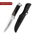 Stainless steel national style fruit knife shown with its brown leather protective case.