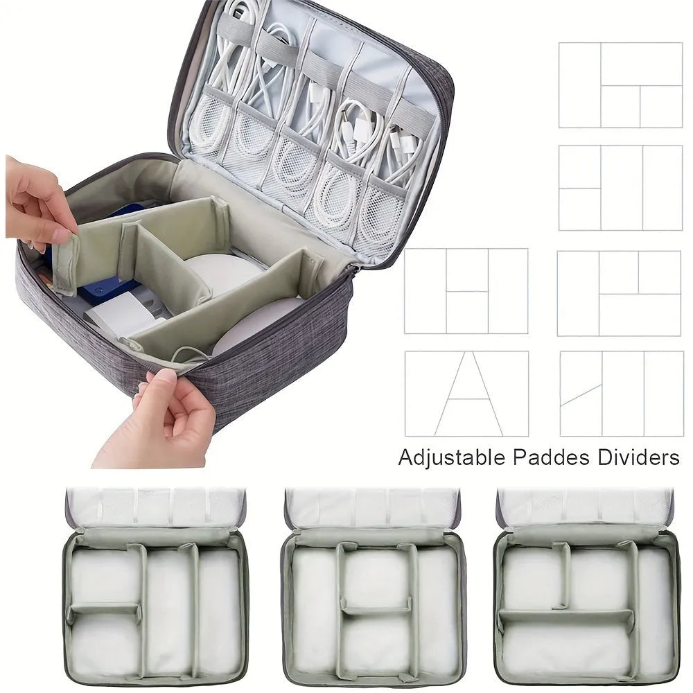 Black or grey waterproof travel cable organiser bag open to show mesh pockets and removable padded dividers
