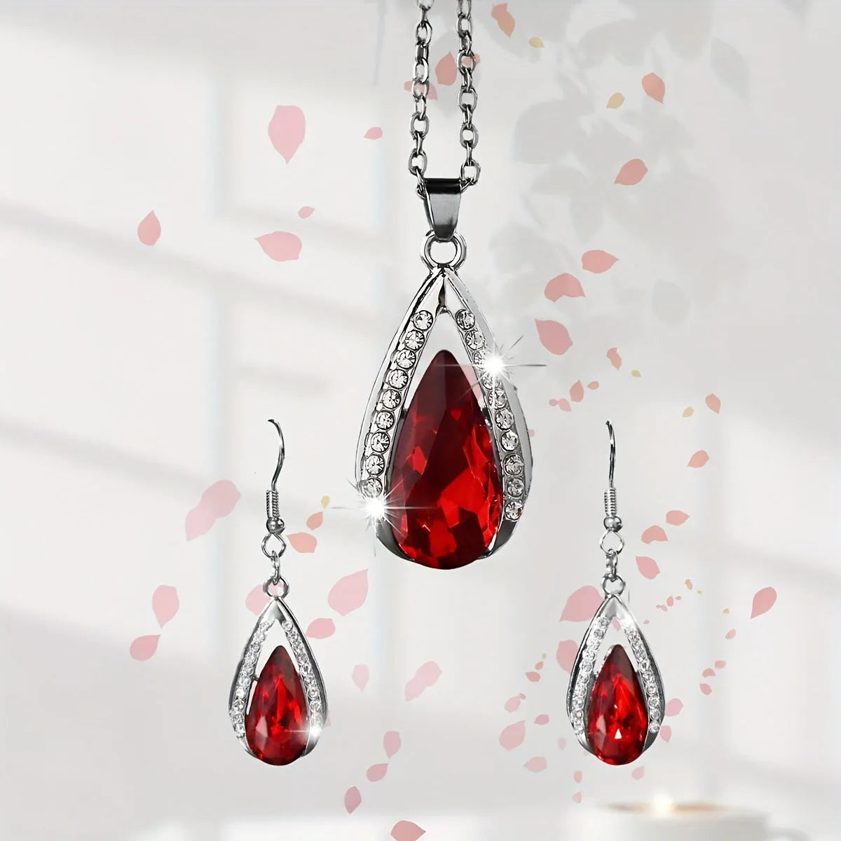 Black and red alloy teardrop glass pendant necklace and matching earrings set