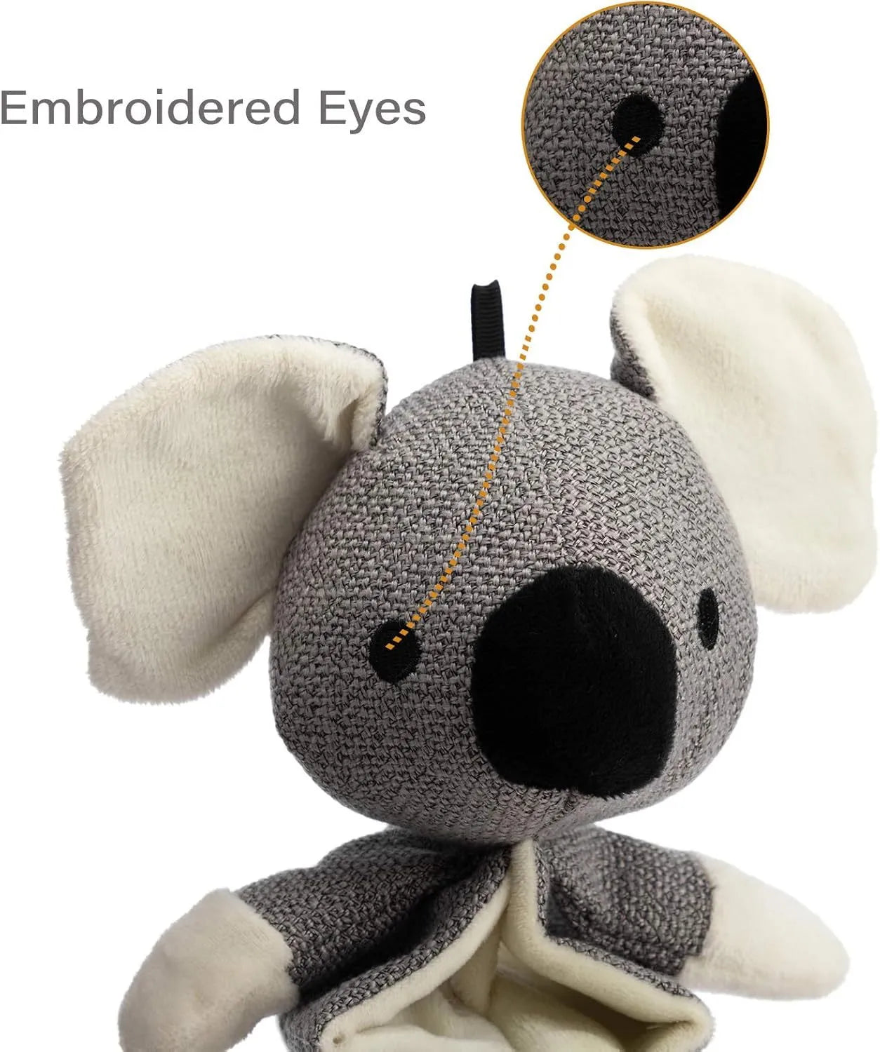 Grey koala plush dog toy measuring 30cm with rope reinforcement and crinkle paper inside.