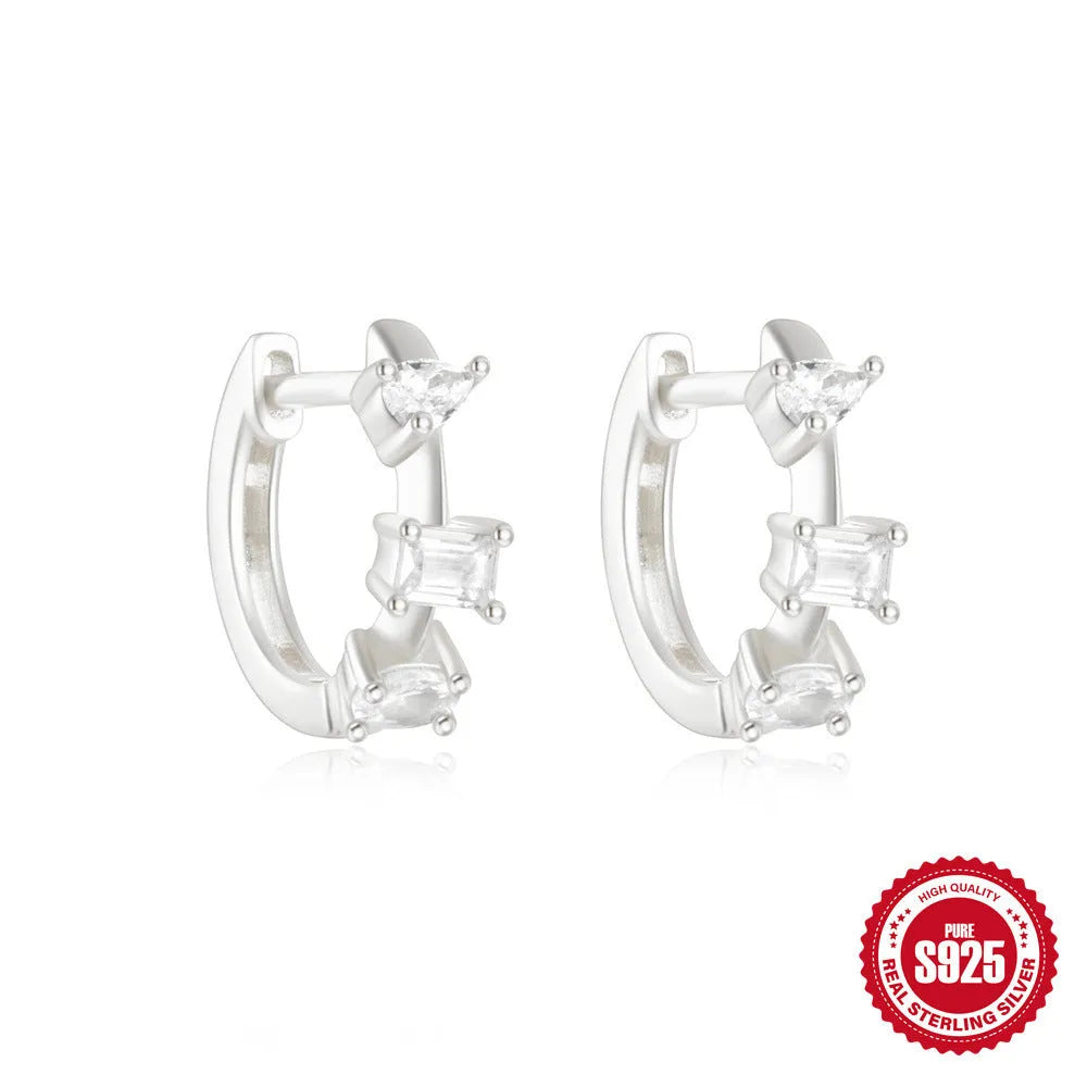 Sterling silver geometric stud earrings with small round diamond accent in gold or silver finish