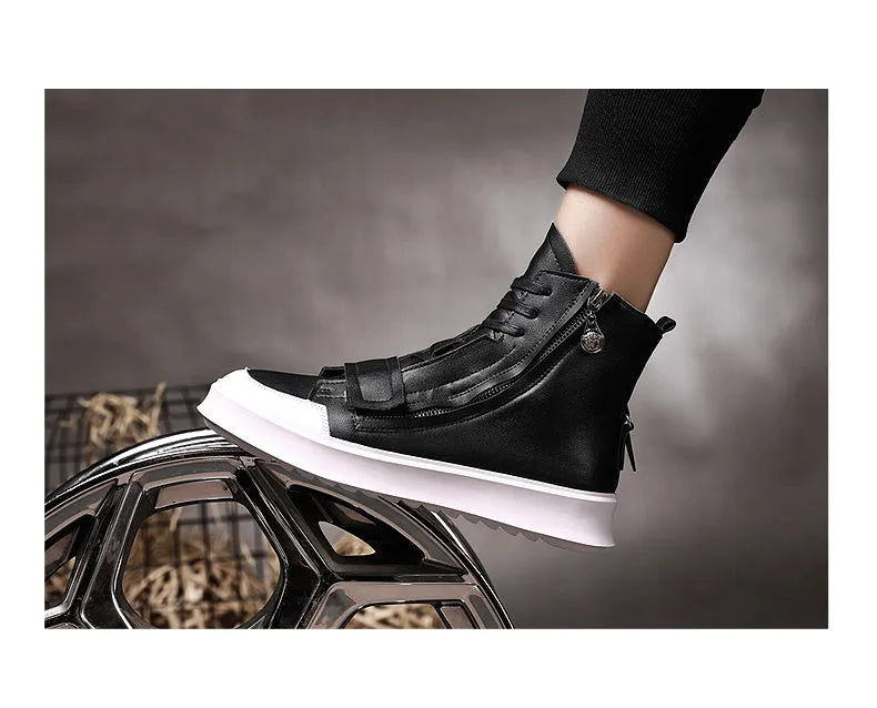 Men's black and white PU leather winter ankle boots in a high-top sneaker style.