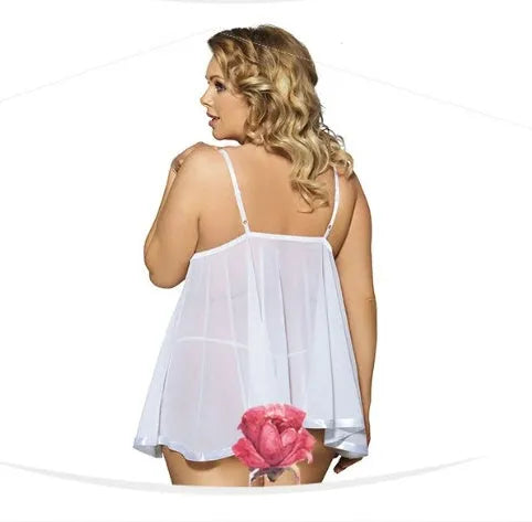 Women's purple mesh sleepdress with lace detailing in sling dress style on hanger
