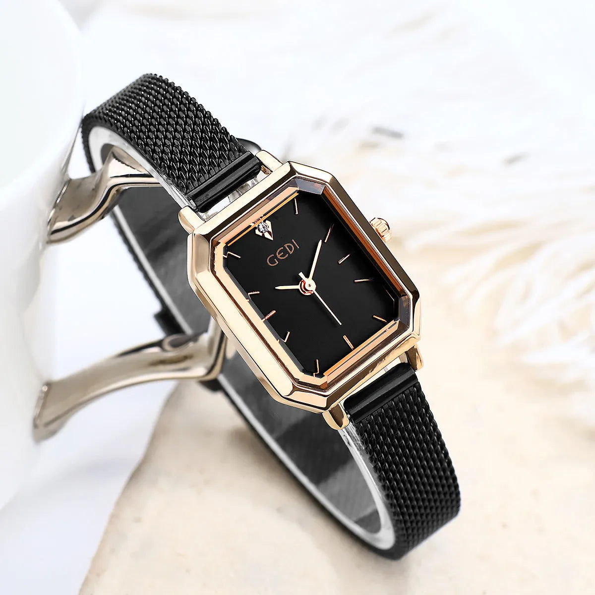 Women's square retro casual watch with rose gold case in six colour variations