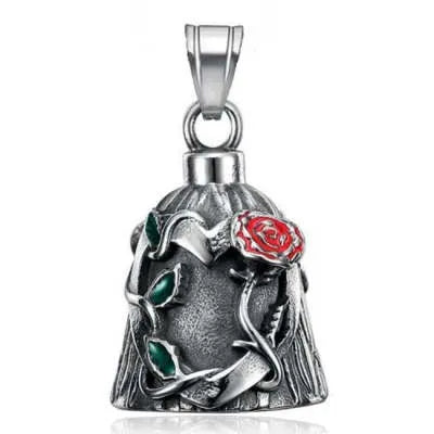 Titanium steel motorcycle lucky bell with double-sided epoxy rose design and polished vintage finish