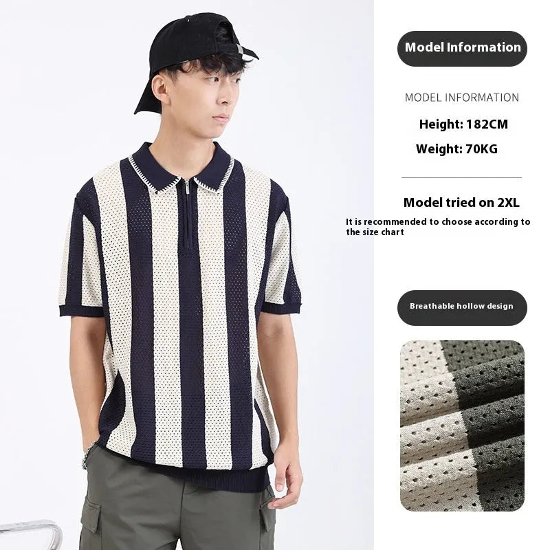 Men's short sleeve ice silk sweater with stripe pattern and zip decoration in viscose fabric