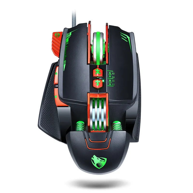 Thunder Wolf V9 black and grey wired gaming mouse with ergonomic shape on a desk.