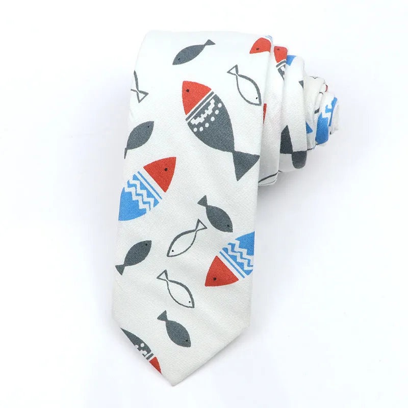 Korean-style narrow men's cotton bow tie with a printed cartoon pattern.