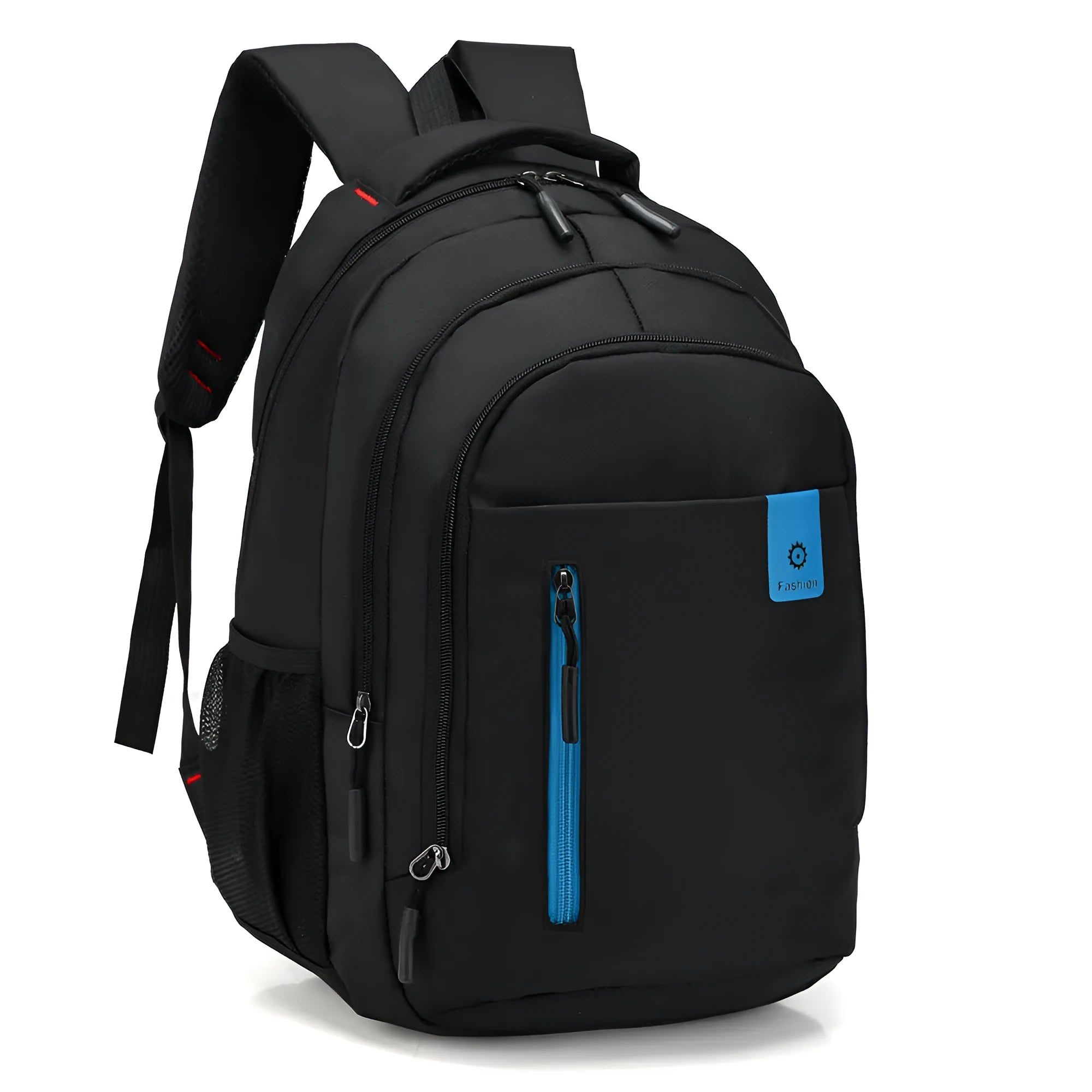 Teenage backpack in Oxford fabric showing side zipper pockets and breathable shoulder straps