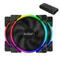 Three black 120mm RGB PC cooling fans with illuminated blades on a dark background