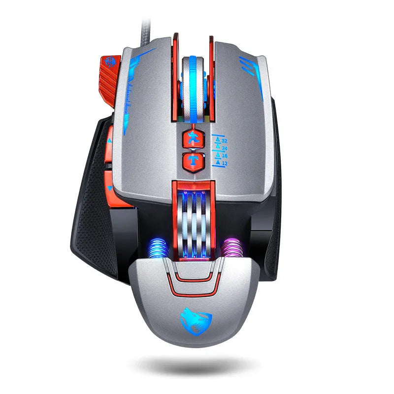 Thunder Wolf V9 black and grey wired gaming mouse with ergonomic shape on a desk.
