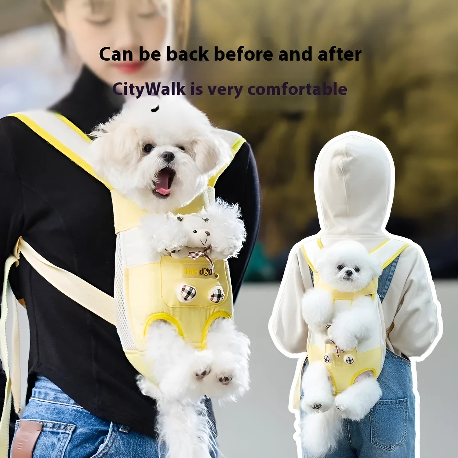 Cartoon animal pet chest bag in soft canvas with ribbon trim, available in four sizes and colour patterns