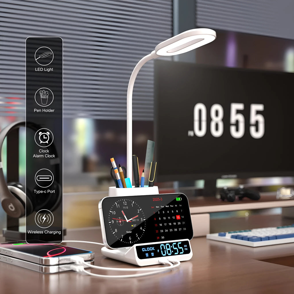 Modern desk lamp with wireless charging pad, pen holder, and LED clock display