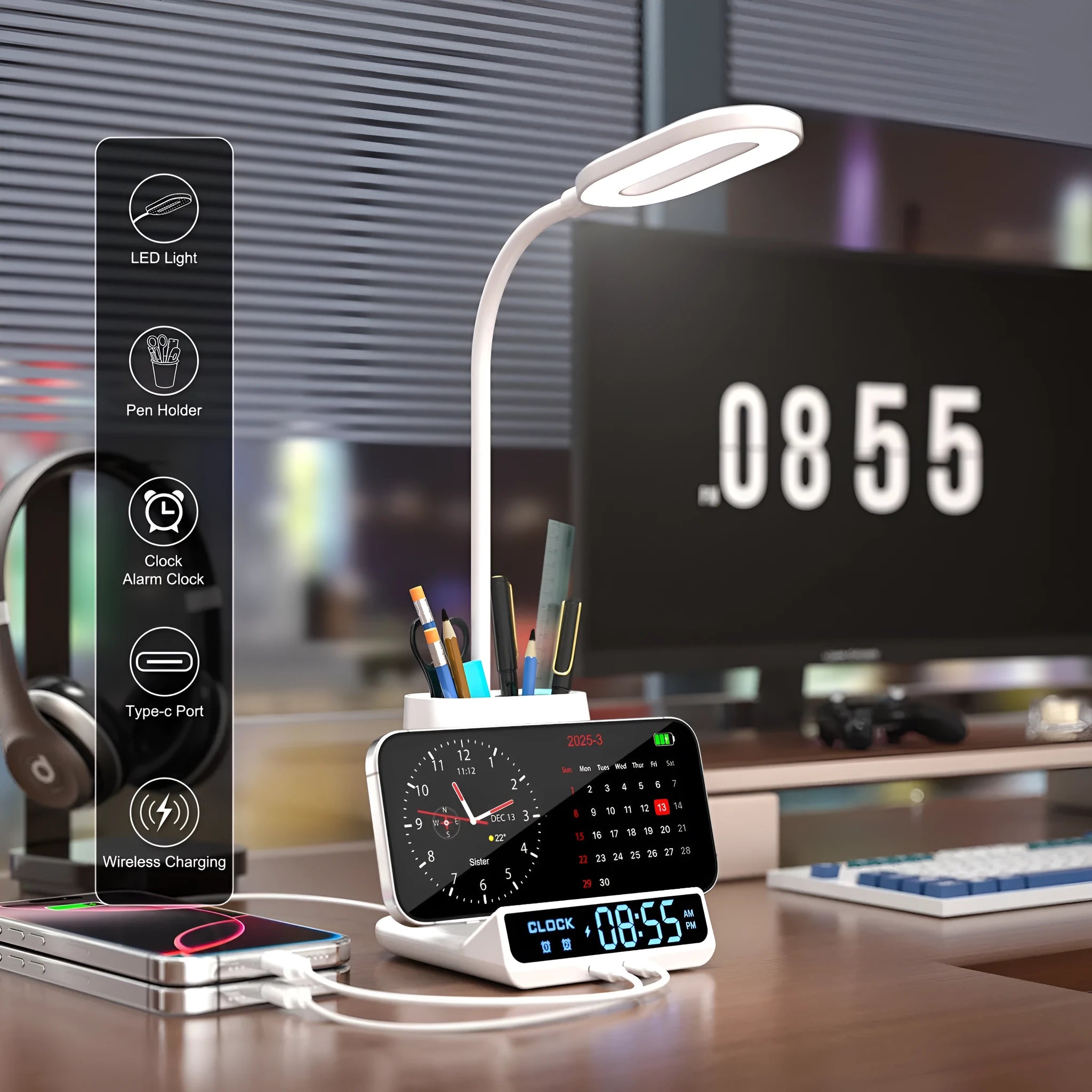 Modern desk lamp with wireless charging pad, pen holder, and LED clock display