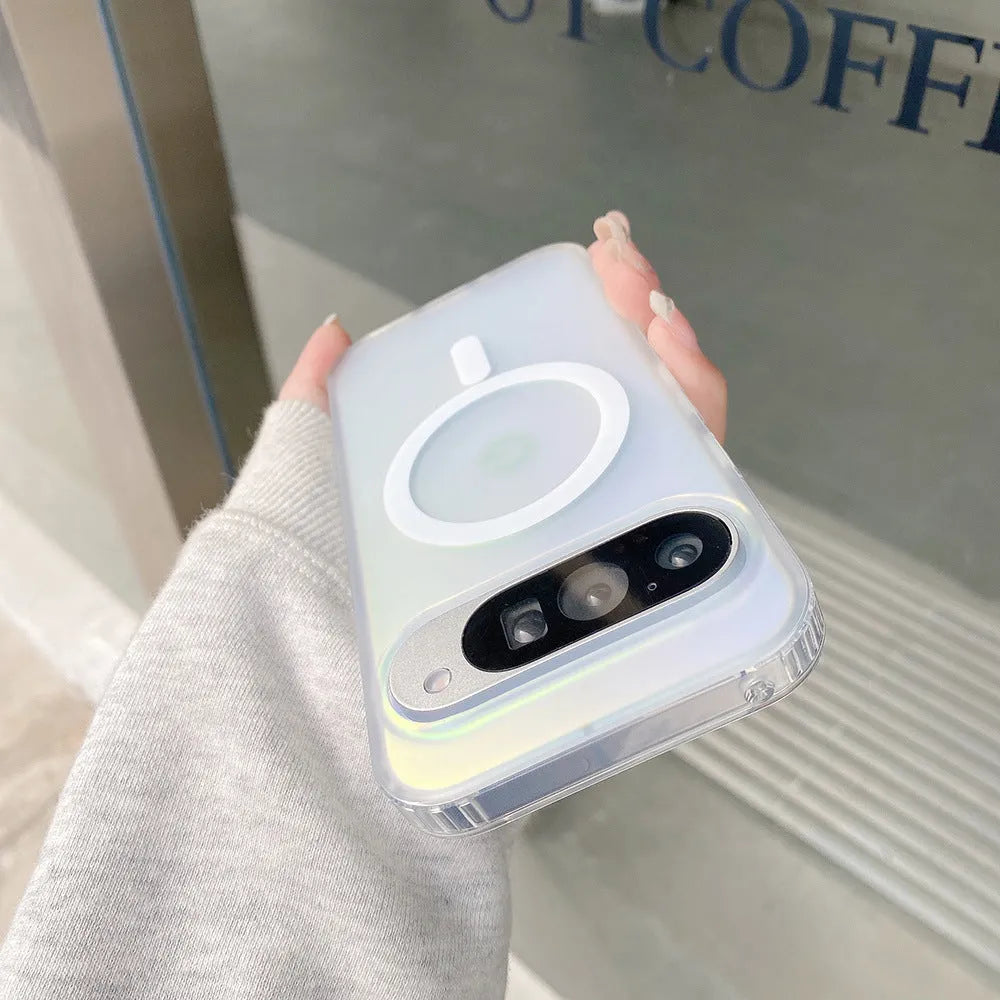 Colourful frosted laser matte phone case for Google smartphones on a table.