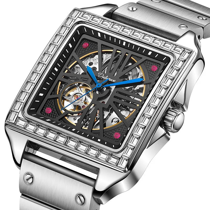 Square silver men's automatic watch with diamond-studded bezel on a black leather strap.