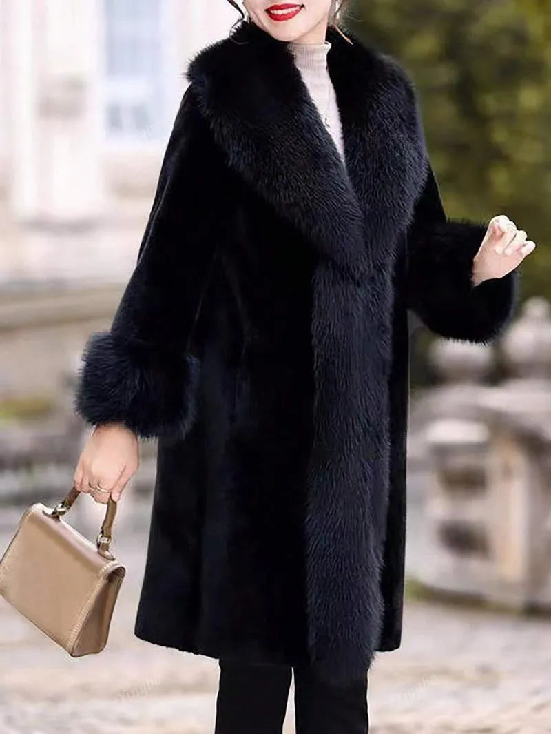 Women's thick grey faux rabbit fur mid-length coat with leather accents and a fur collar.