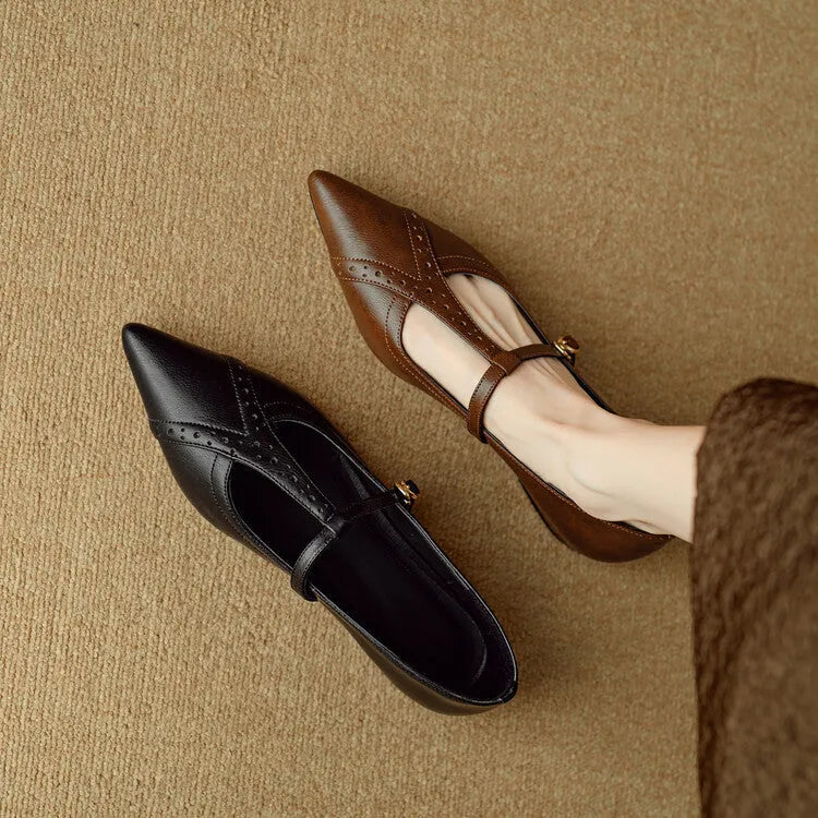 Women's brown pointed toe low-cut flat shoes in cowhide leather with metal details