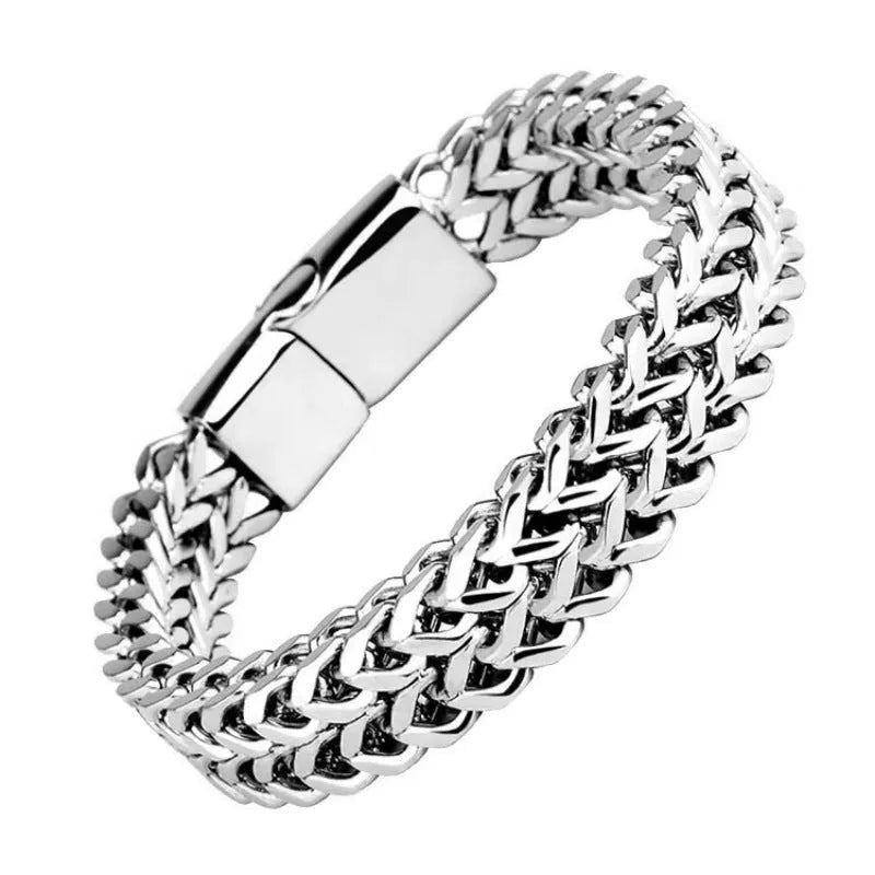 Silver geometric men's stainless steel bracelet shown in 4x8mm and 5x10mm link styles.