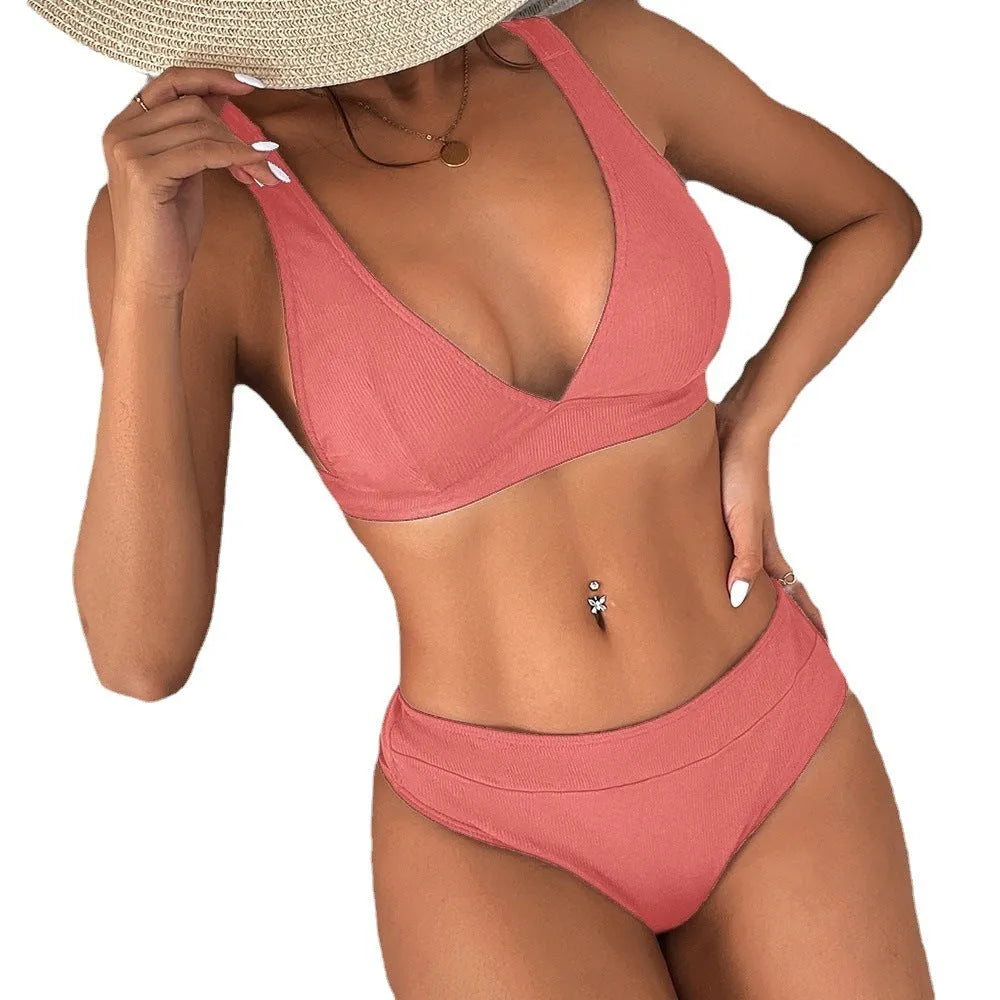 Women's high waist ribbed bikini with lace-up split design and backless triangle briefs in solid colours