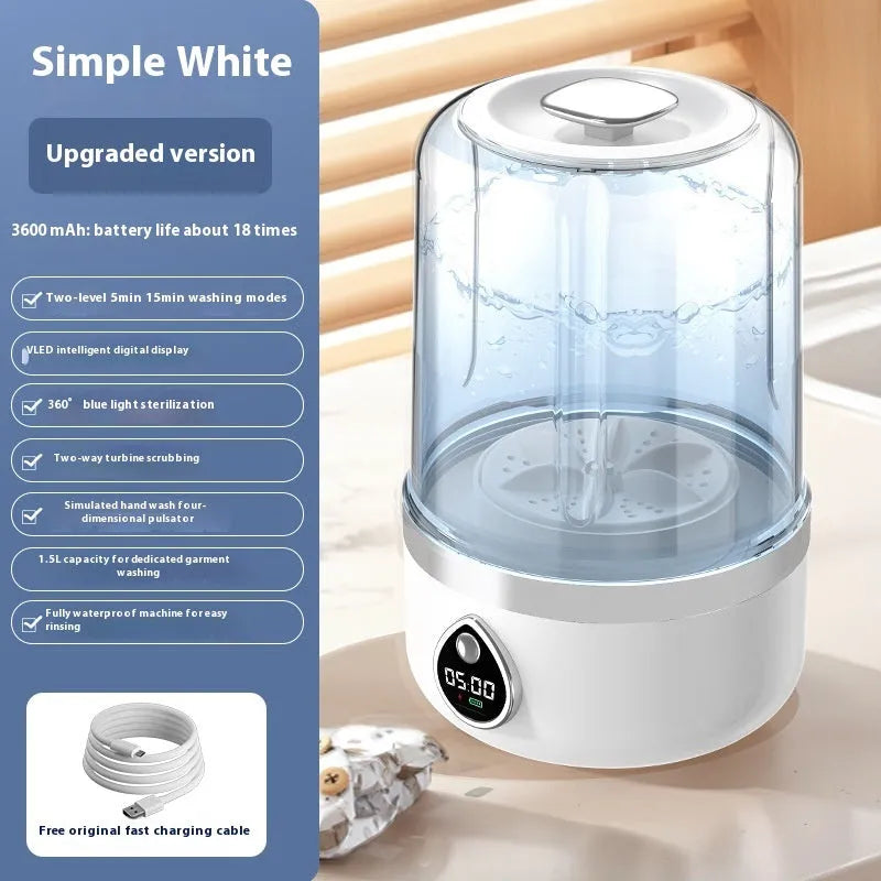Portable white plastic mini washing machine with USB charging port and compact dimensions