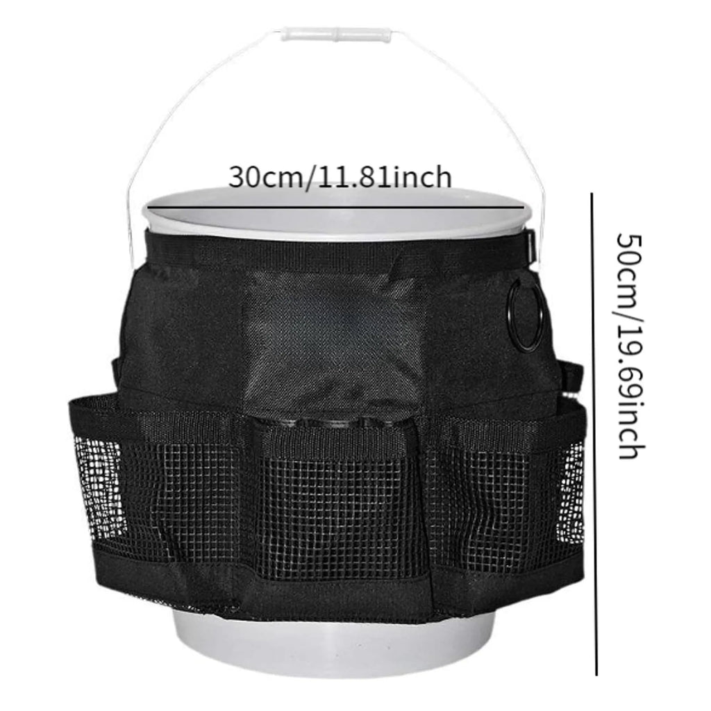 Black cylindrical polyester hanging storage bag for 5 gallon barrels with car washing tools