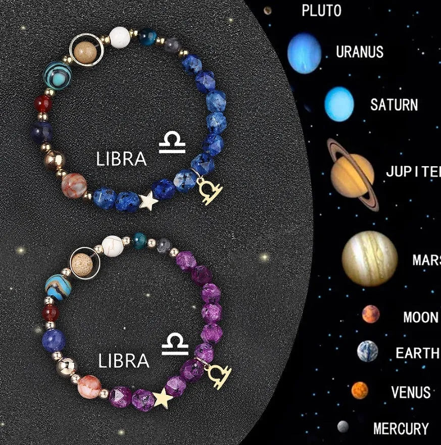 Set of twelve natural stone beaded bracelets showing different zodiac sign designs on elastic cords