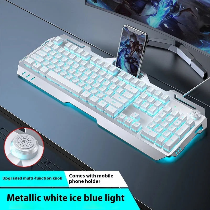 Aluminium mechanical-feel keyboard with control knob in silver black or metal grey colour with RGB lighting