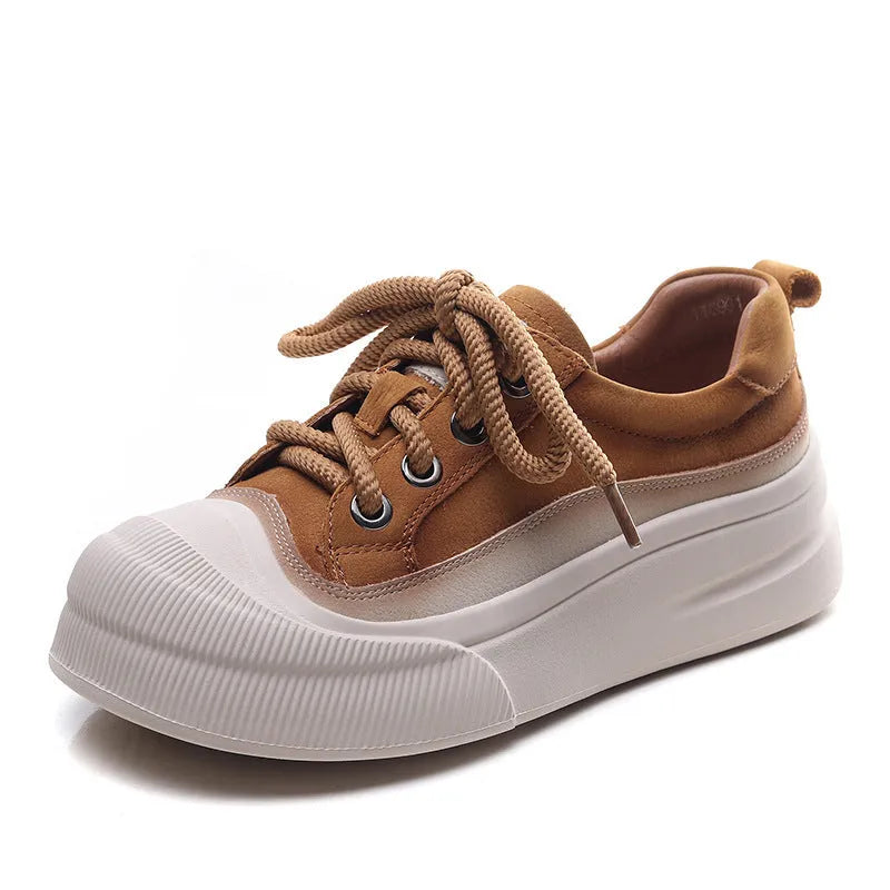 Women's full grain cow leather lace-up casual shoes in Cameo Brown and Yellow with round toe and rubber foam sole