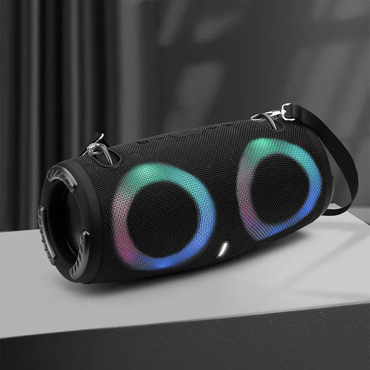 War Drum portable Bluetooth speaker with RGB coloured lights in black, blue, red, silver grey, or camouflage.