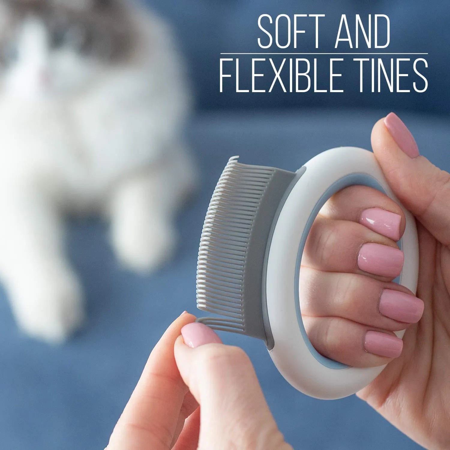 Blue pet grooming comb with ergonomic handle for deshedding and dematting cats and dogs