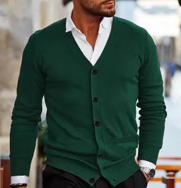 Men's slim-fit acrylic cardigan sweater in a choice of colours including light grey, black, and wine red.