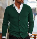 Men's slim-fit acrylic cardigan sweater in a choice of colours including light grey, black, and wine red.