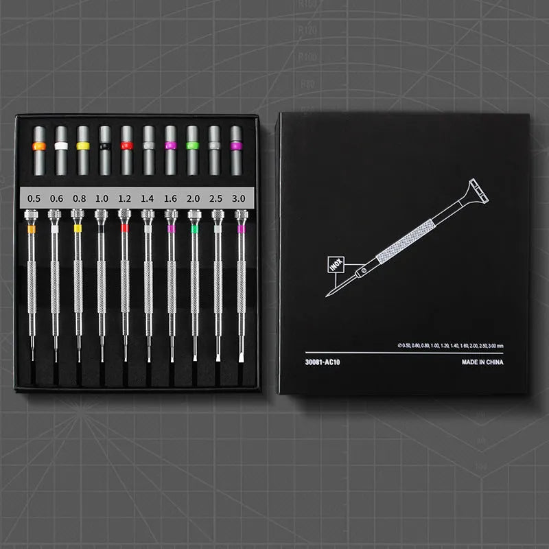 Watch repair tool set with 10 screwdrivers and 20 spare bits in boxed packaging