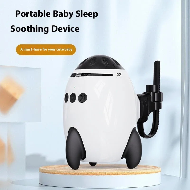 White baby sleep comforter device with automatic shaking and Bluetooth connection for infant soothing
