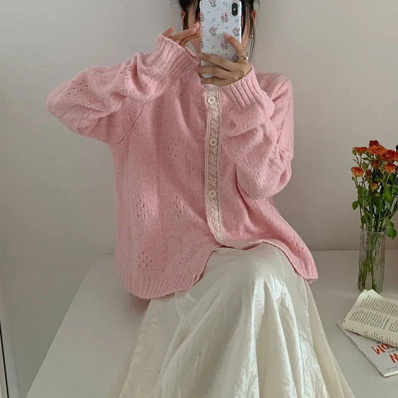 Artistic retro loose-fit Korean sweater coat in viscose fibre, shown in apricot colour.