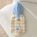 Blue corduroy pet hoodie vest with chessboard grid pattern and traction detailing on hood
