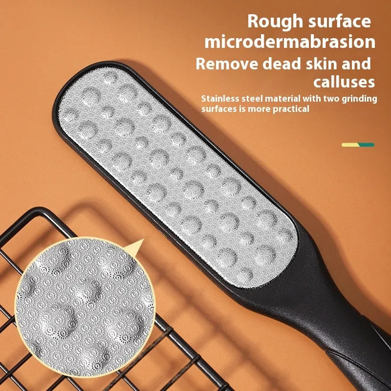 Double-sided stainless steel foot grinder tool for callus removal in black or white.