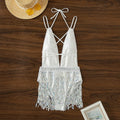 White deep V-neck one-piece swimsuit with tassel detailing and sleeveless design