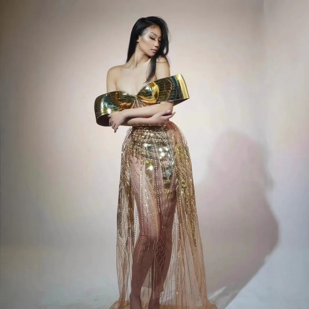 Gold women's strapless sequined dress with a split tulle skirt, long length, and mid waist fit