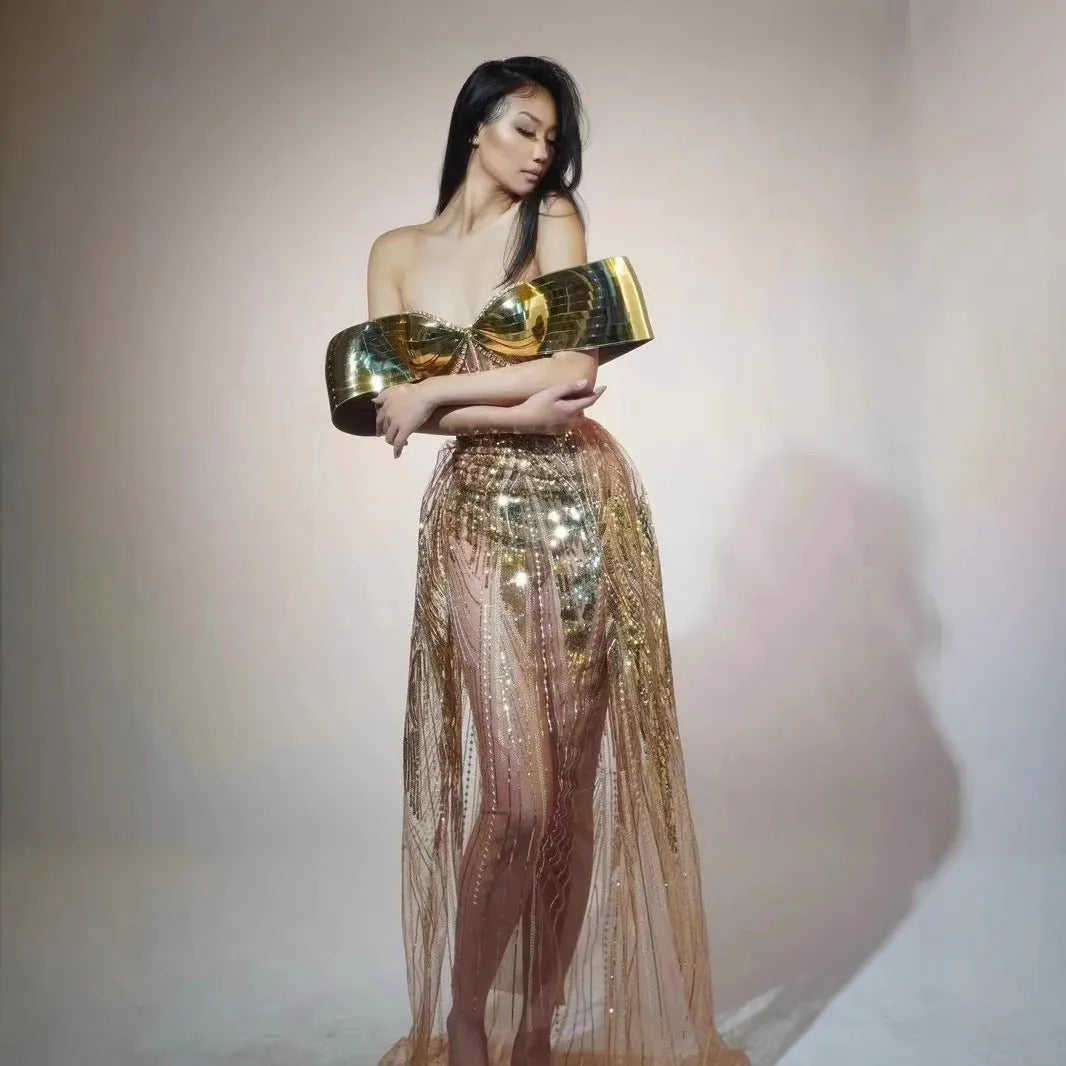 Gold women's strapless sequined dress with a split tulle skirt, long length, and mid waist fit