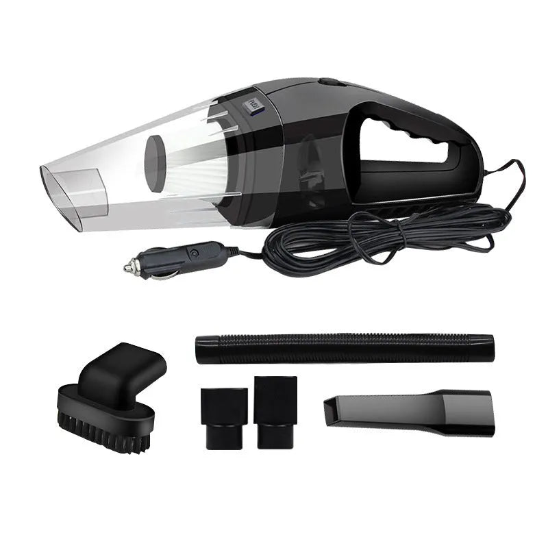 Orange, black, and blue handheld 12V car vacuum cleaner with nozzles and long power cord.