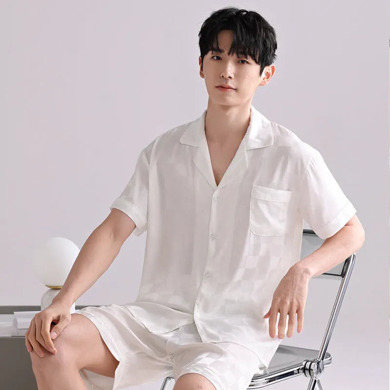 Men's ice silk summer pyjama set with cardigan top and shorts in satin jacquard pattern