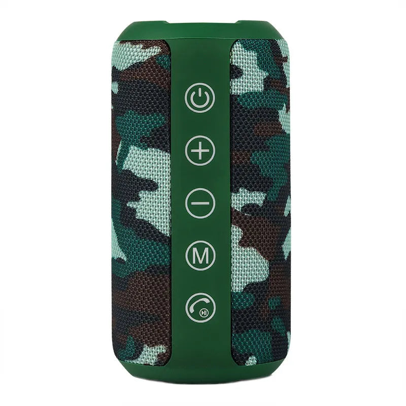 Black waterproof portable outdoor Bluetooth speaker with control buttons on top.