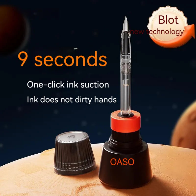 Automatic suction pen set with plastic body, stainless steel tip, ink feeder, and handbag on a desk.