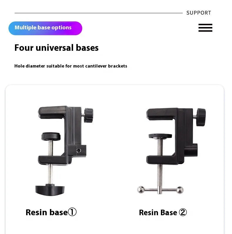 Black foldable metal cantilever bracket holding a tablet on a desktop, showing adjustable arms and clamp.