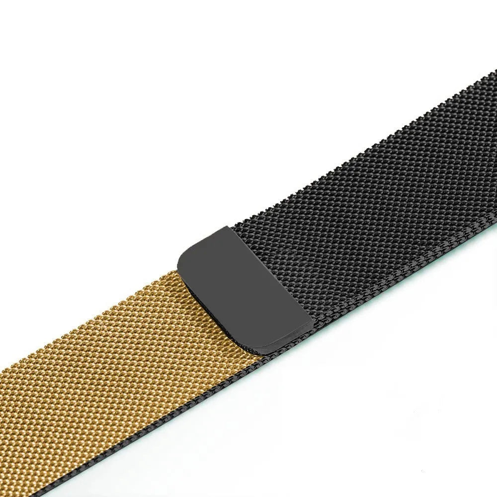 Stainless steel watch replacement strap in silver on a grey background showing adjustable links and buckle.